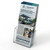 Premium 4x9 inch clear plastic countertop brochure display stand with modern marketing pamphlets, high-resolution product photography.