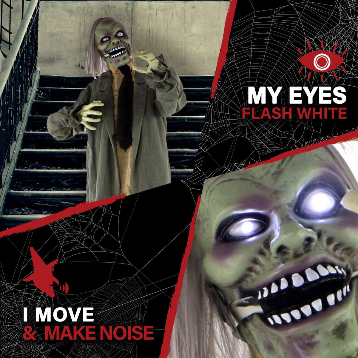Haunted Hill Farm Life-Size Poseable Animatronic Zombie with Red Flashing Eyes