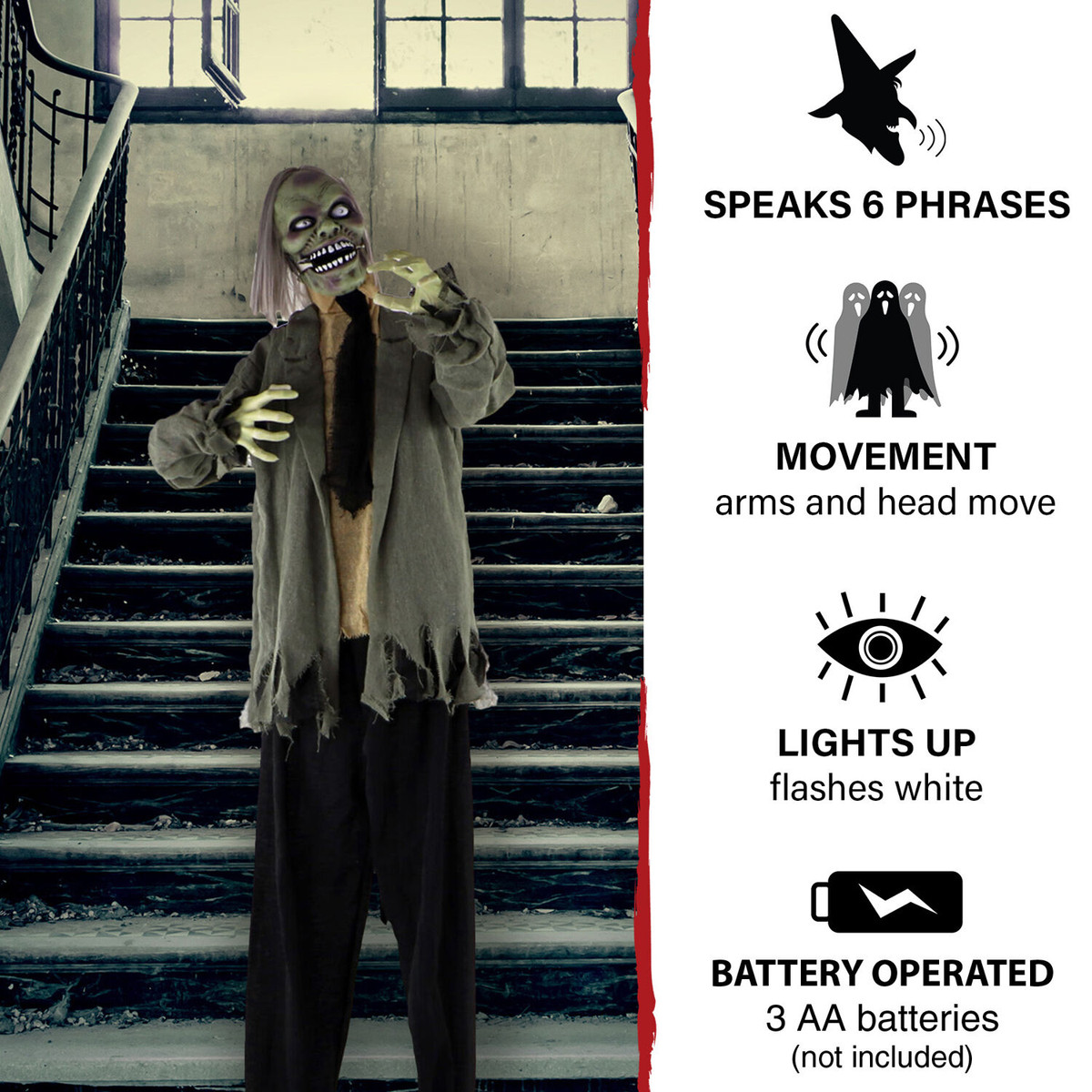 Haunted Hill Farm Life-Size Poseable Animatronic Zombie with Red Flashing Eyes
