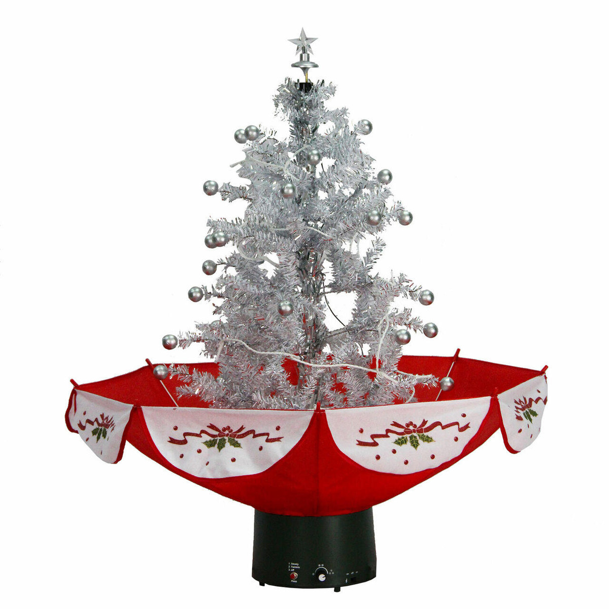 Fraser Hill Farm Let It Snow Series 29-In White Tree with Star Topper and Red Umbrella Base, Animated Musical Snow Fraser Hill Farm Let It Snow Series 29-In White Tree with Star Topper and Red Umbrella Base, Animated Musical Snow