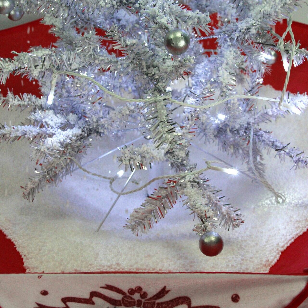 Fraser Hill Farm Let It Snow Series 29-In White Tree with Star Topper and Red Umbrella Base, Animated Musical Snow Fraser Hill Farm Let It Snow Series 29-In White Tree with Star Topper and Red Umbrella Base, Animated Musical Snow