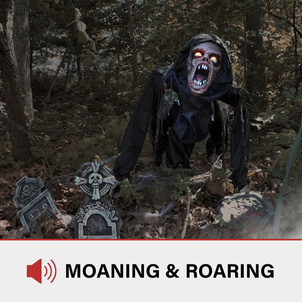 Haunted Hill Farm Animatronic Crouching Zombie with Lights and Sound, Indoor or Covered Outdoor Halloween Decoration