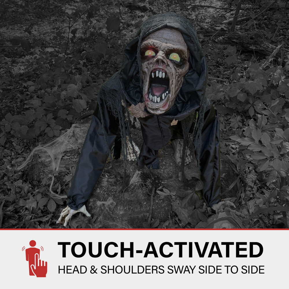 Haunted Hill Farm Animatronic Crouching Zombie with Lights and Sound, Indoor or Covered Outdoor Halloween Decoration