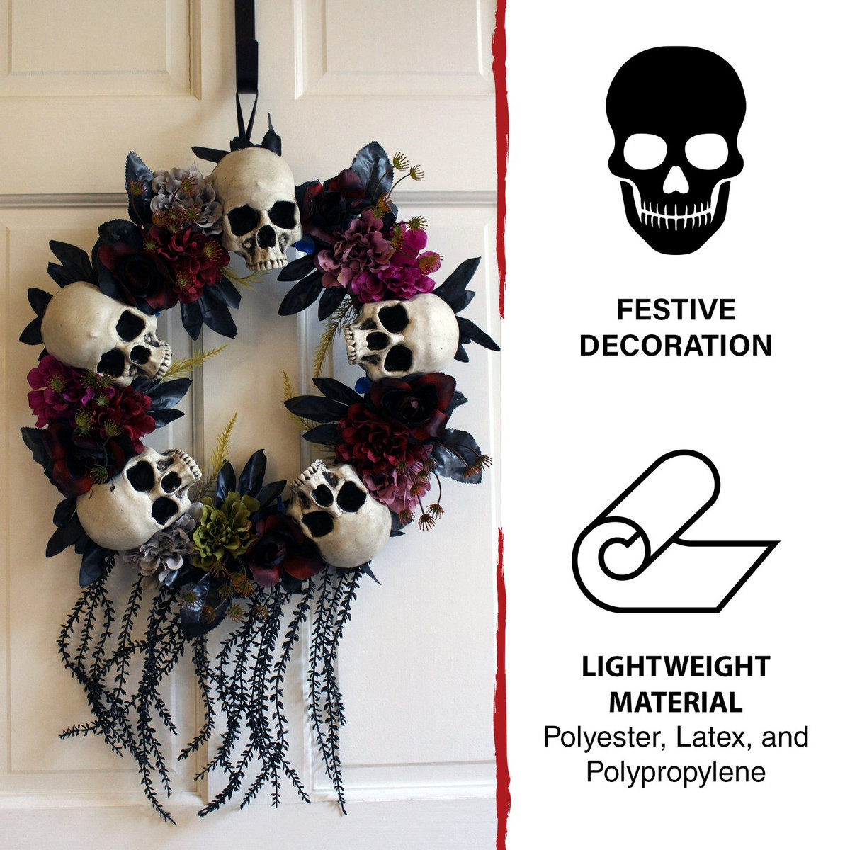 2-Ft. Halloween Wreath with Skulls, Fall Flowers, and Vines, Indoor/Covered Outdoor Halloween Decoration