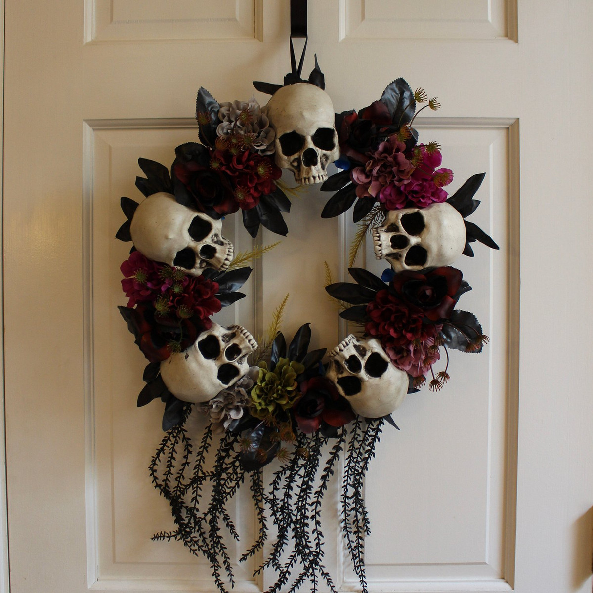 2-Ft. Halloween Wreath with Skulls, Fall Flowers, and Vines, Indoor/Covered Outdoor Halloween Decoration