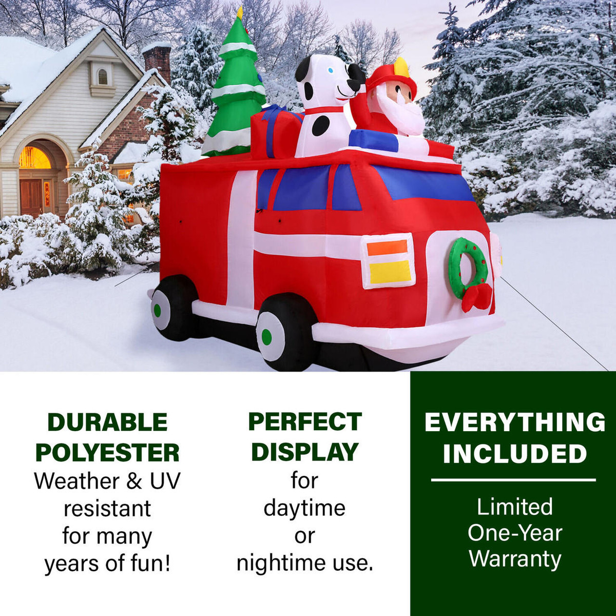 Fraser Hill Farm 7-Ft Pre-Lit Inflatable Santa in Fire Truck,