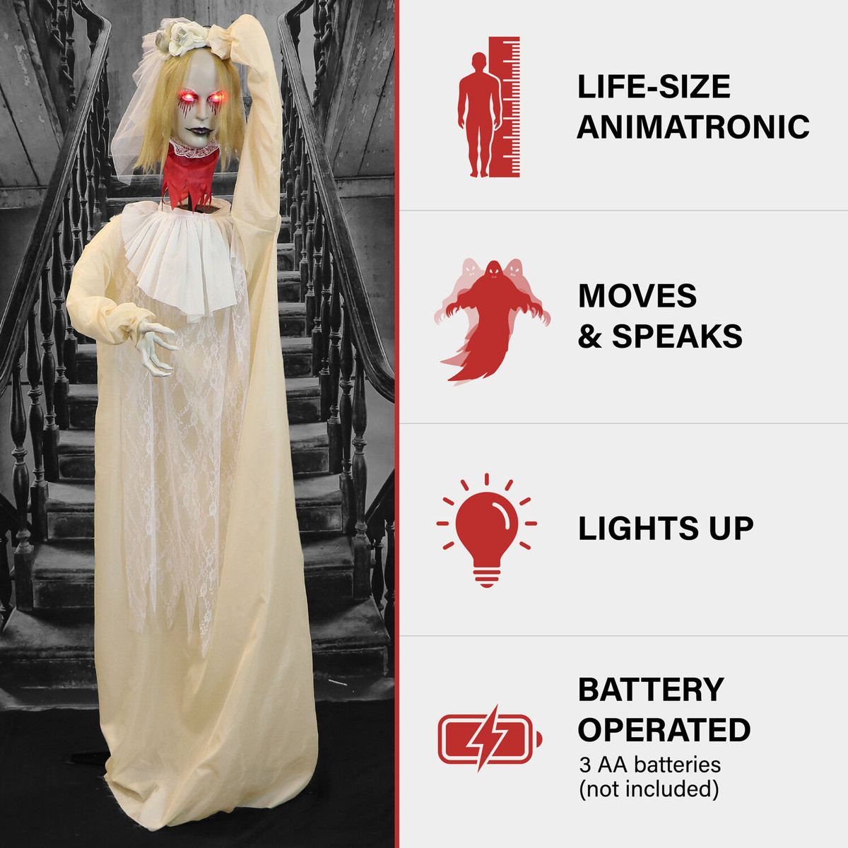 Haunted Hill Farm Poppy the Animatronic Zombie Bride with Pop-Up Head and Light-Up Eyes for Scary Halloween Decoration