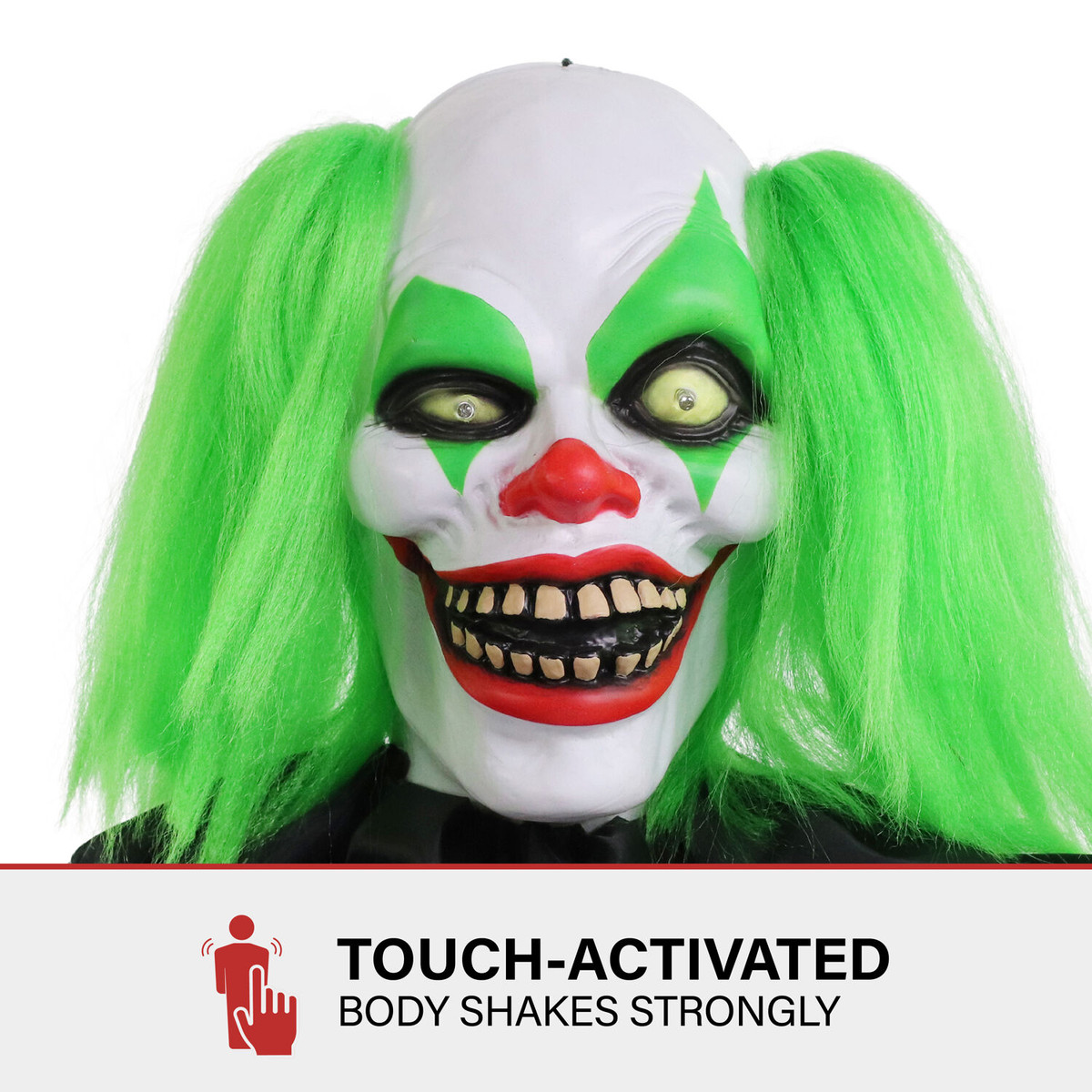 Haunted Hill Farm Troubles the Talking, Shaking, Mini Animatronic Clown with Light-Up Eyes and Danger Sign for Scary Halloween Decoration