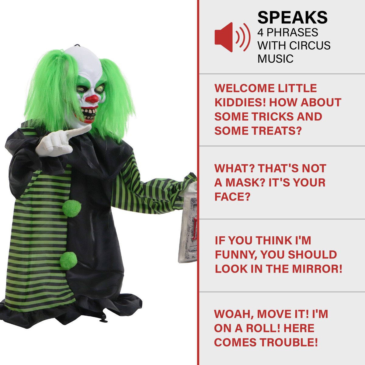 Haunted Hill Farm Troubles the Talking, Shaking, Mini Animatronic Clown with Light-Up Eyes and Danger Sign for Scary Halloween Decoration