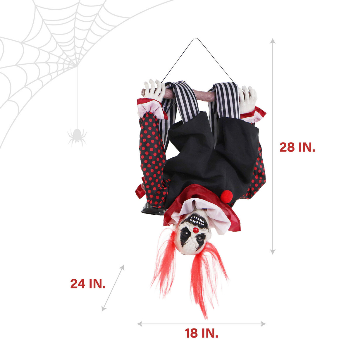 Haunted Hill Farm Flip the Animatronic Upside-Down Talking Clown with Trapeze, Creepy Music, and Light-Up Eyes for Hanging Halloween Decoration