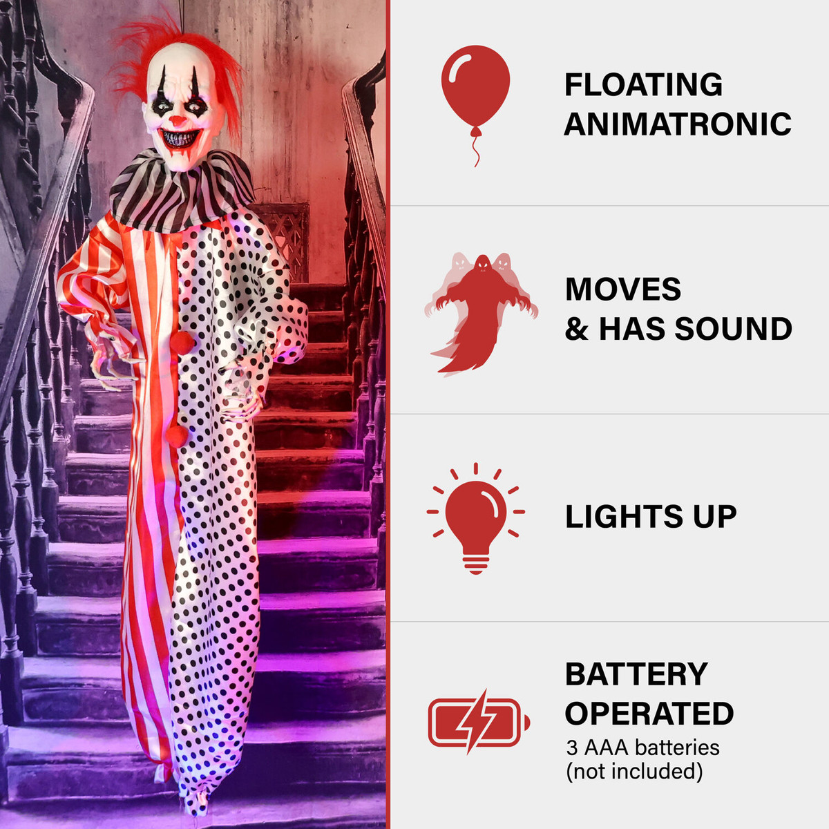 Haunted Hill Farm Yo-Yo the Floating Clown Animatronic with Blue Chest Light for Scary Hanging Halloween Decoration