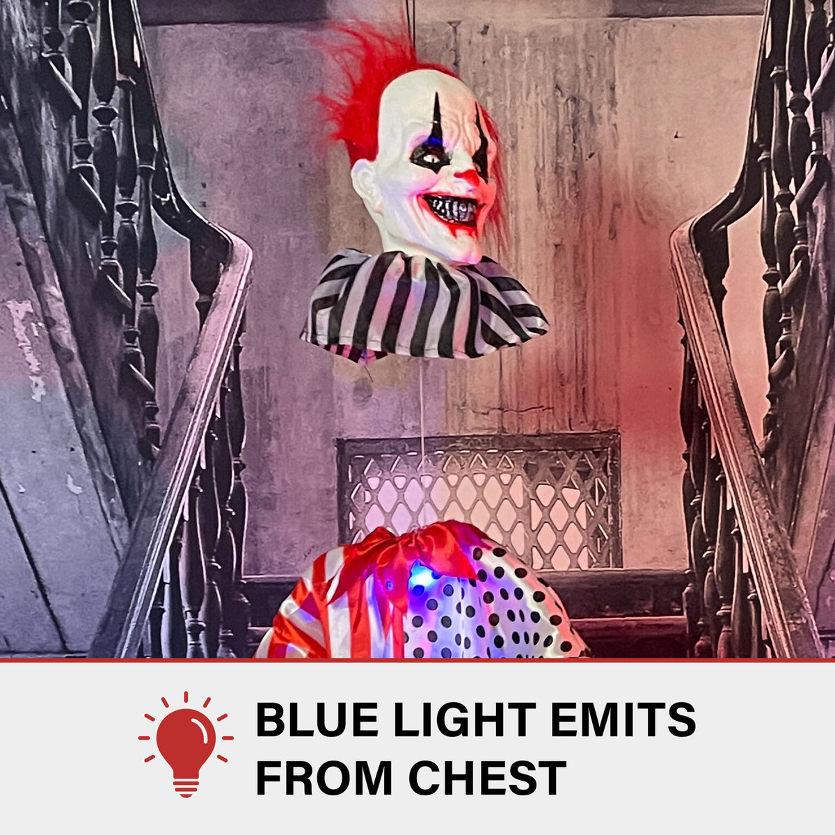 Haunted Hill Farm Yo-Yo the Floating Clown Animatronic with Blue Chest Light for Scary Hanging Halloween Decoration