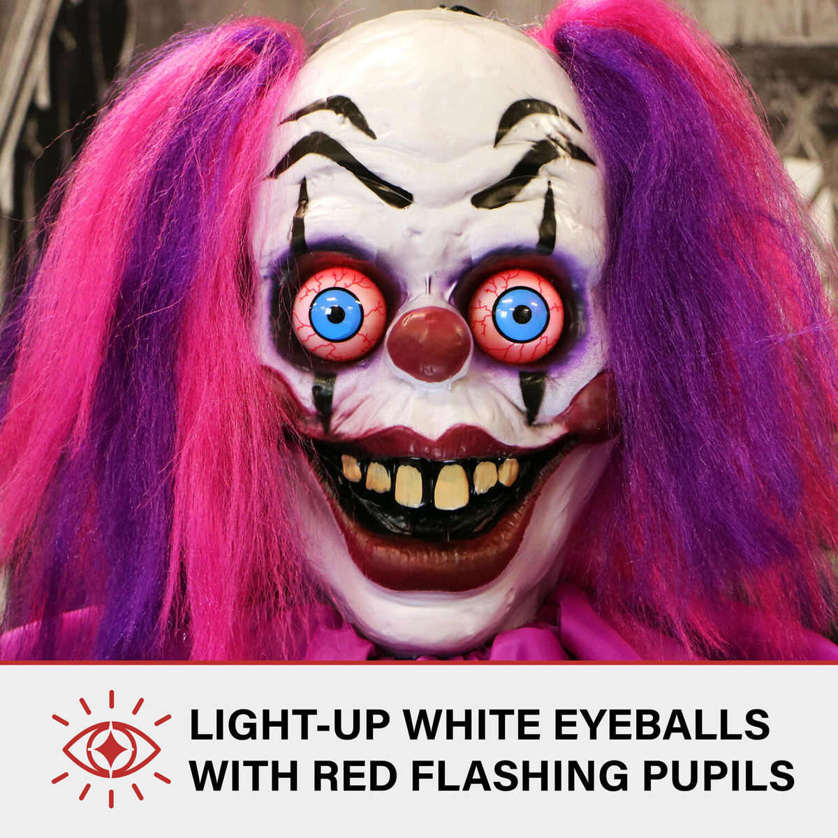 Haunted Hill Farm Devious Dottie the Animatronic Talking Clown with Waving Hand and Light-Up Eyeballs for Scary Halloween Decoration