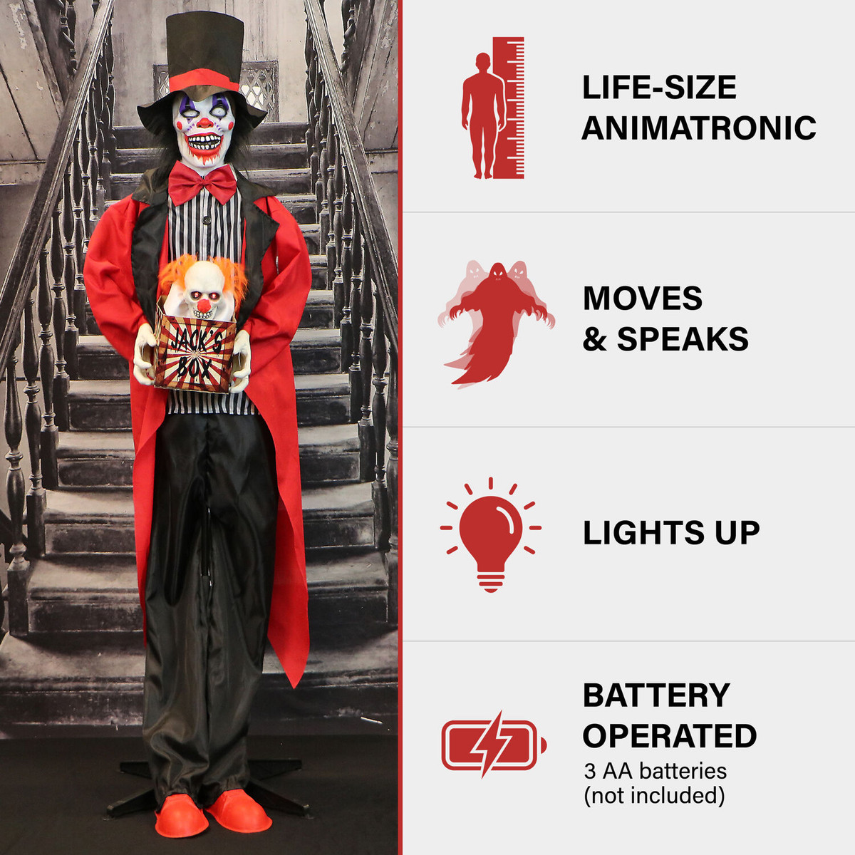 Haunted Hill Farm Billy Barker the Standing Clown and Animatronic Jumping Jack the Talking Skull Clown in a Box for Scary Halloween Decoration
