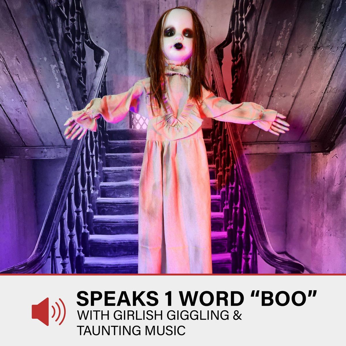 3.9-Ft. Floating, Talking Zombie Girl Animatronic with Blue Chest Light for Scary Hanging Halloween Decoration