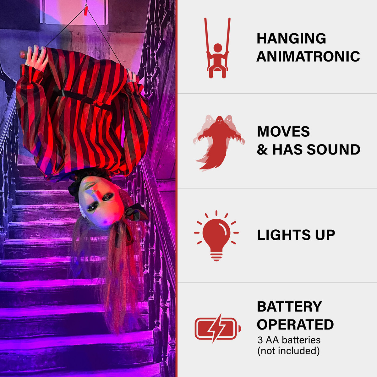 Haunted Hill Farm Drucilla the Animatronic Upside-Down Zombie Woman with Trapeze, Sound, and Light-Up Eyes for Hanging Halloween Decoration