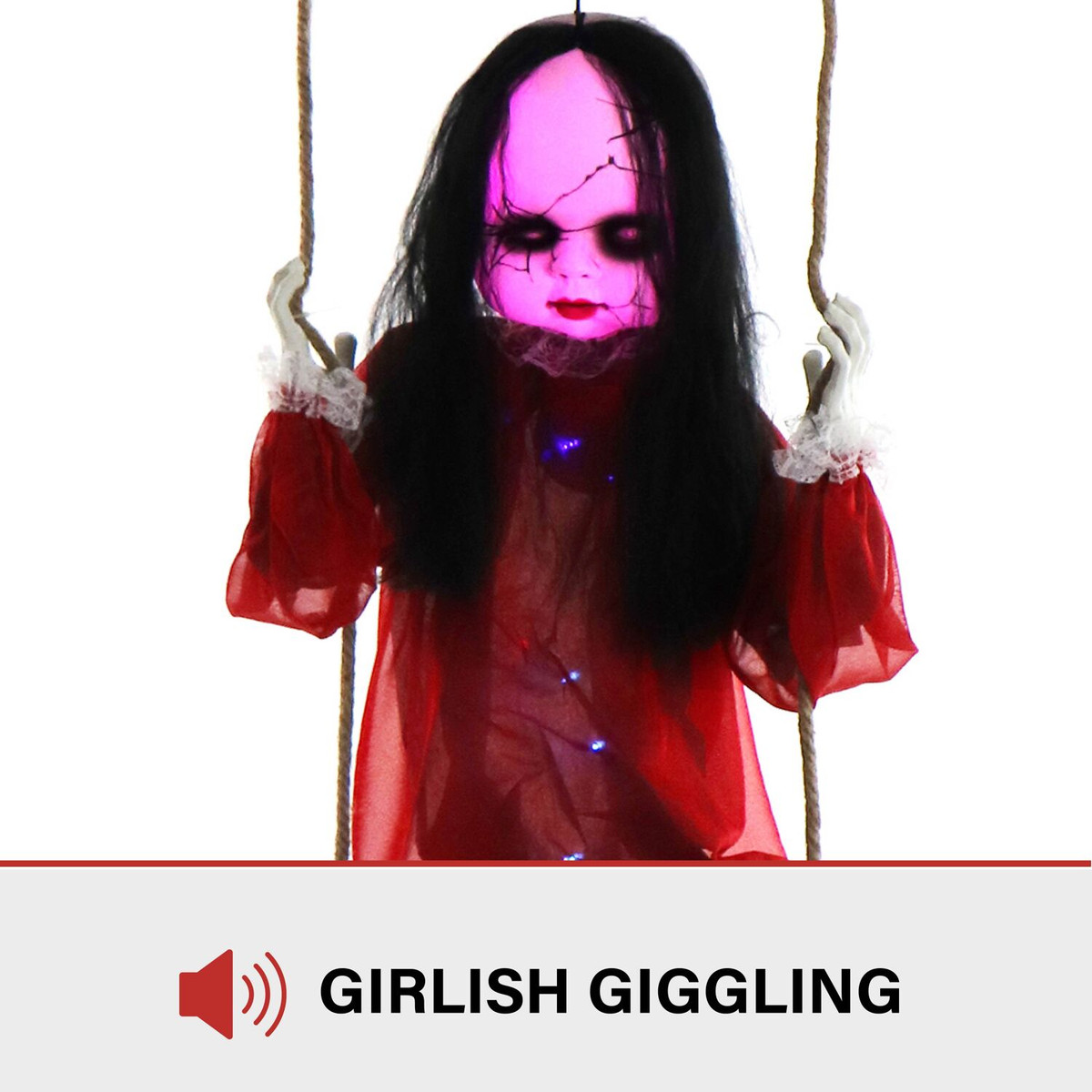 Haunted Hill Farm Giggles the Giggling Zombie Girl on a Swing with Colorful Light-Up Body and Eyes for Scary Hanging Halloween Decoration