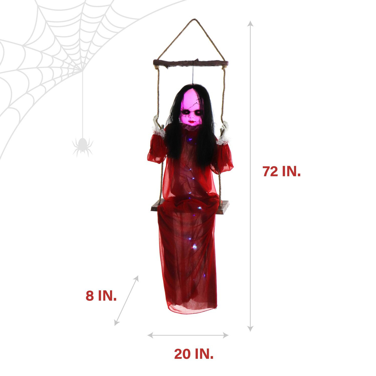 Haunted Hill Farm Giggles the Giggling Zombie Girl on a Swing with Colorful Light-Up Body and Eyes for Scary Hanging Halloween Decoration