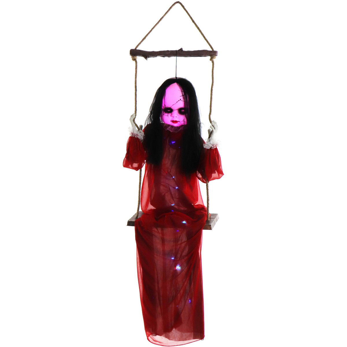 Haunted Hill Farm Giggles the Giggling Zombie Girl on a Swing with Colorful Light-Up Body and Eyes for Scary Hanging Halloween Decoration