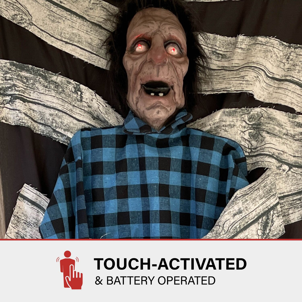 Haunted Hill Farm Lumber Jeff the Talking Zombie in Chains One-Piece Door Drape Greeter for Scary Halloween Decoration