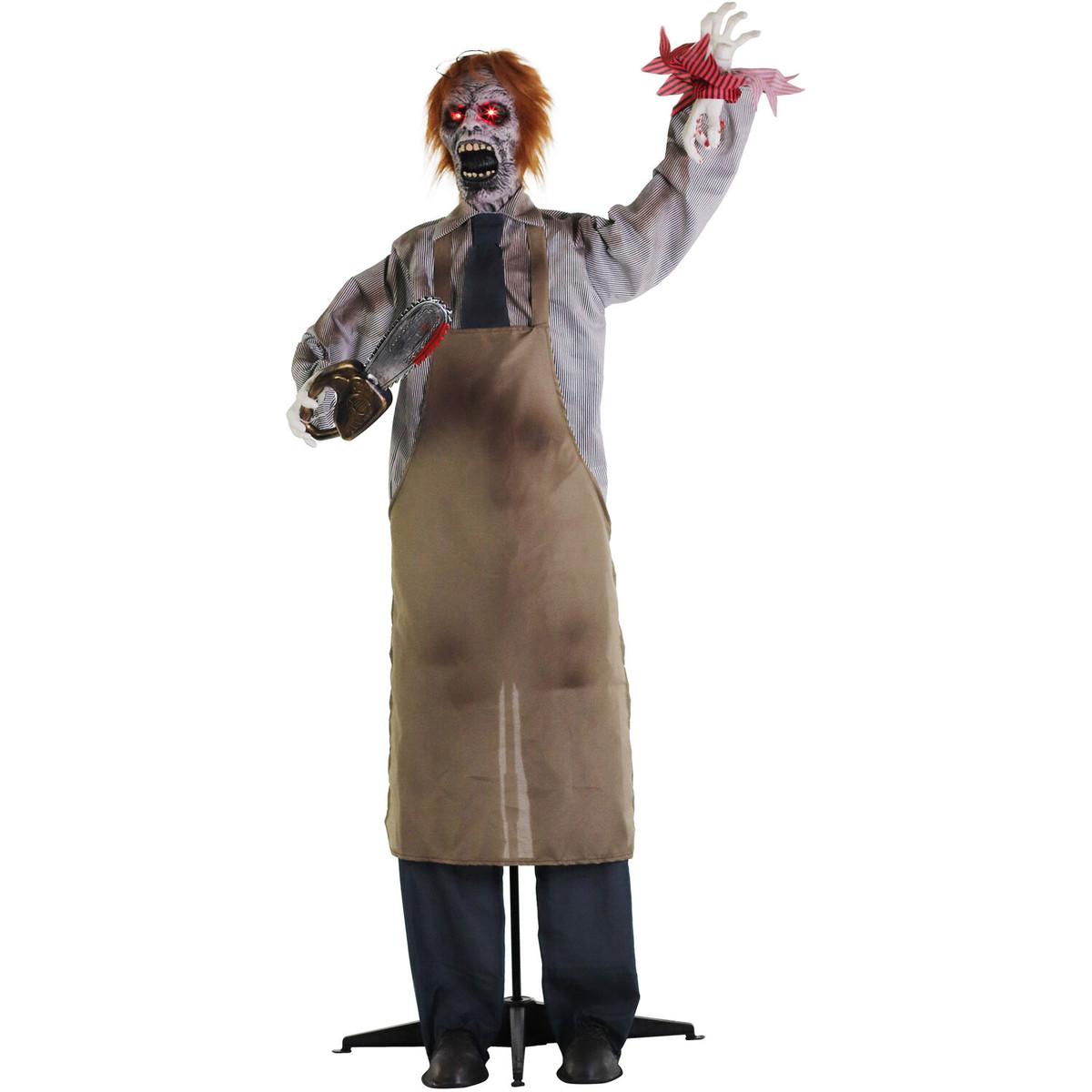 Haunted Hill Farm Chainsaw Sawyer the Animatronic Zombie Carver with Movement, Sound, and Light-Up Eyes for Scary Halloween Decoration