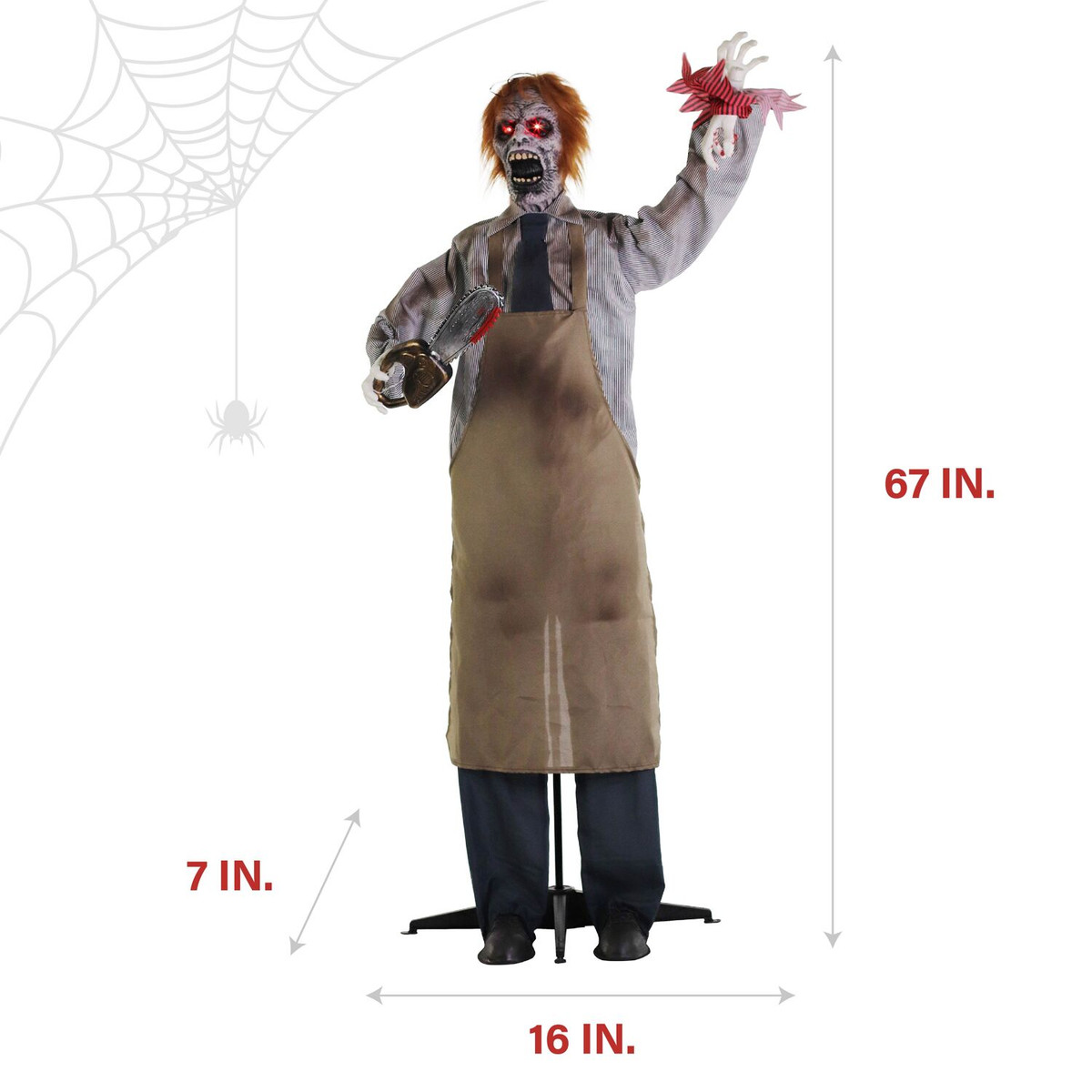 Haunted Hill Farm Chainsaw Sawyer the Animatronic Zombie Carver with Movement, Sound, and Light-Up Eyes for Scary Halloween Decoration
