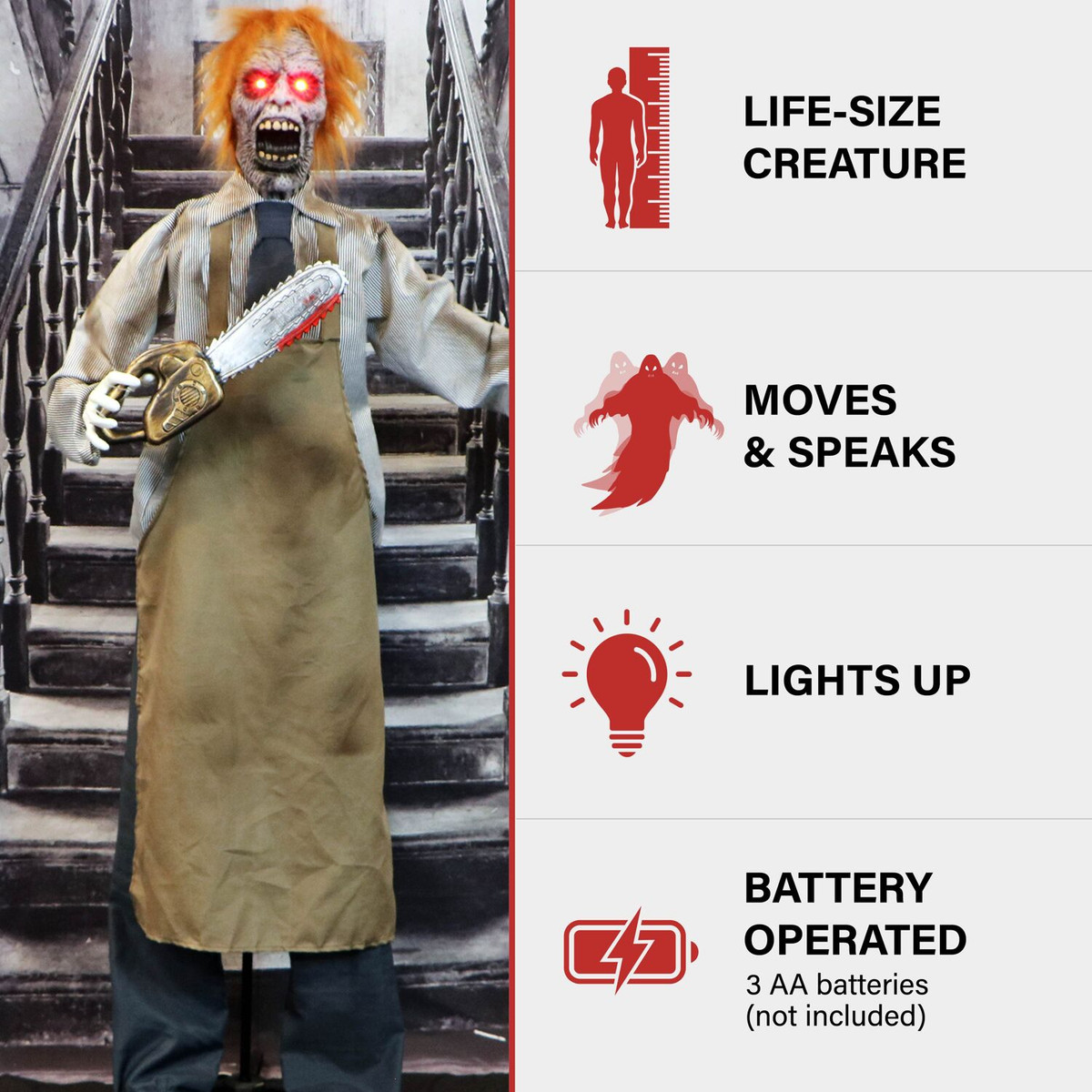 Haunted Hill Farm Chainsaw Sawyer the Animatronic Zombie Carver with Movement, Sound, and Light-Up Eyes for Scary Halloween Decoration