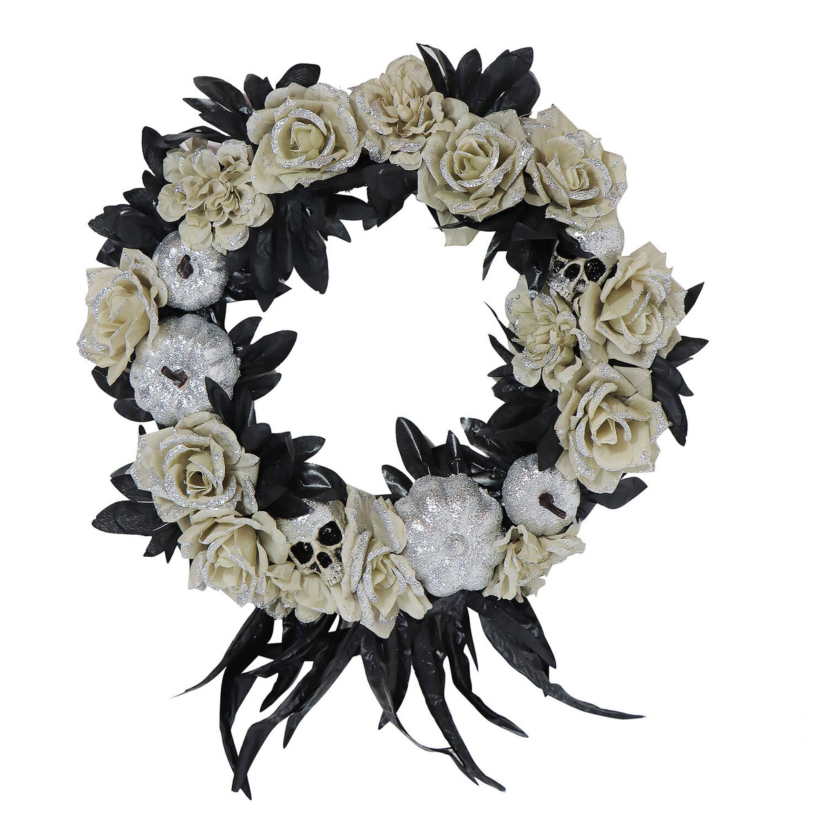 Haunted Hill Farm 15-In. Halloween Black and Silver Floral Wreath with Glitter Pumpkins and Skulls for Haunted House Hanging Decoration
