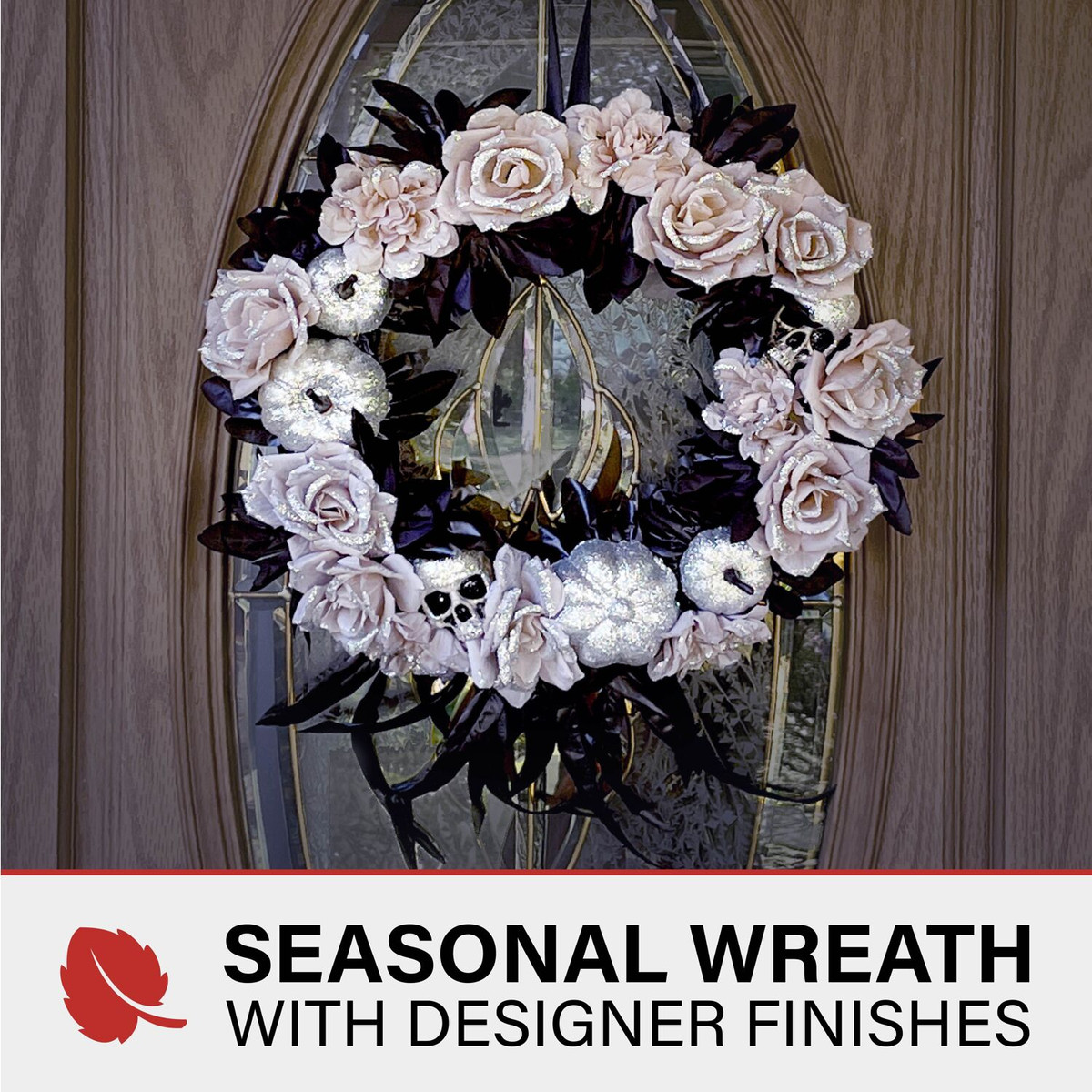 Haunted Hill Farm 15-In. Halloween Black and Silver Floral Wreath with Glitter Pumpkins and Skulls for Haunted House Hanging Decoration