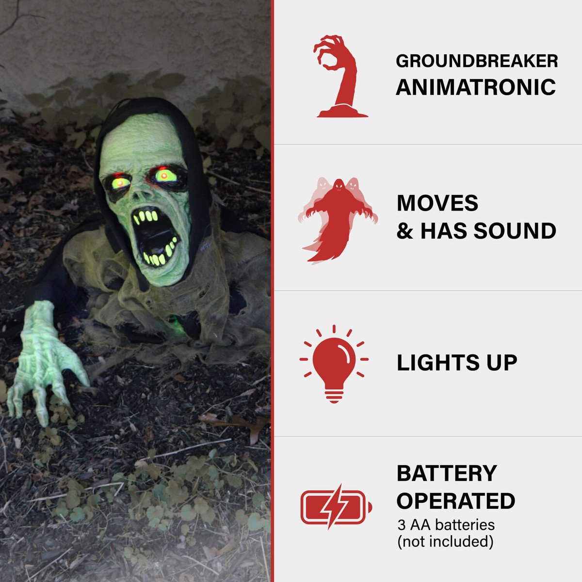 Haunted Hill Farm 21-In. Trevor the Zombie Groundbreaker with Flashing LED Lights, Battery-Operated Animatronic Halloween Decoration