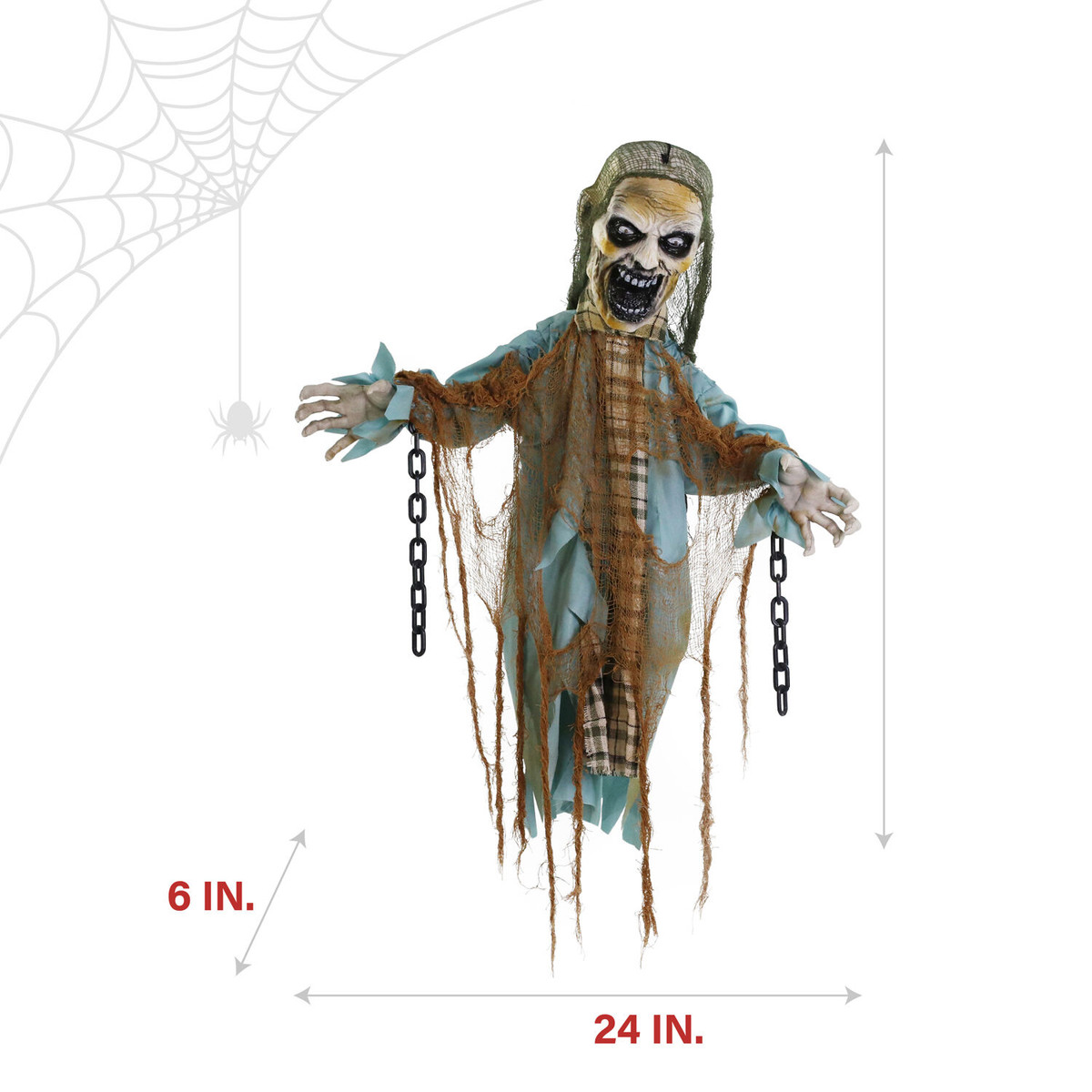 Haunted Hill Farm Dungeon Dave the Animatronic Twisting Zombie in Chains with Backdrop and Folding Door Hook for Scary Halloween Decoration