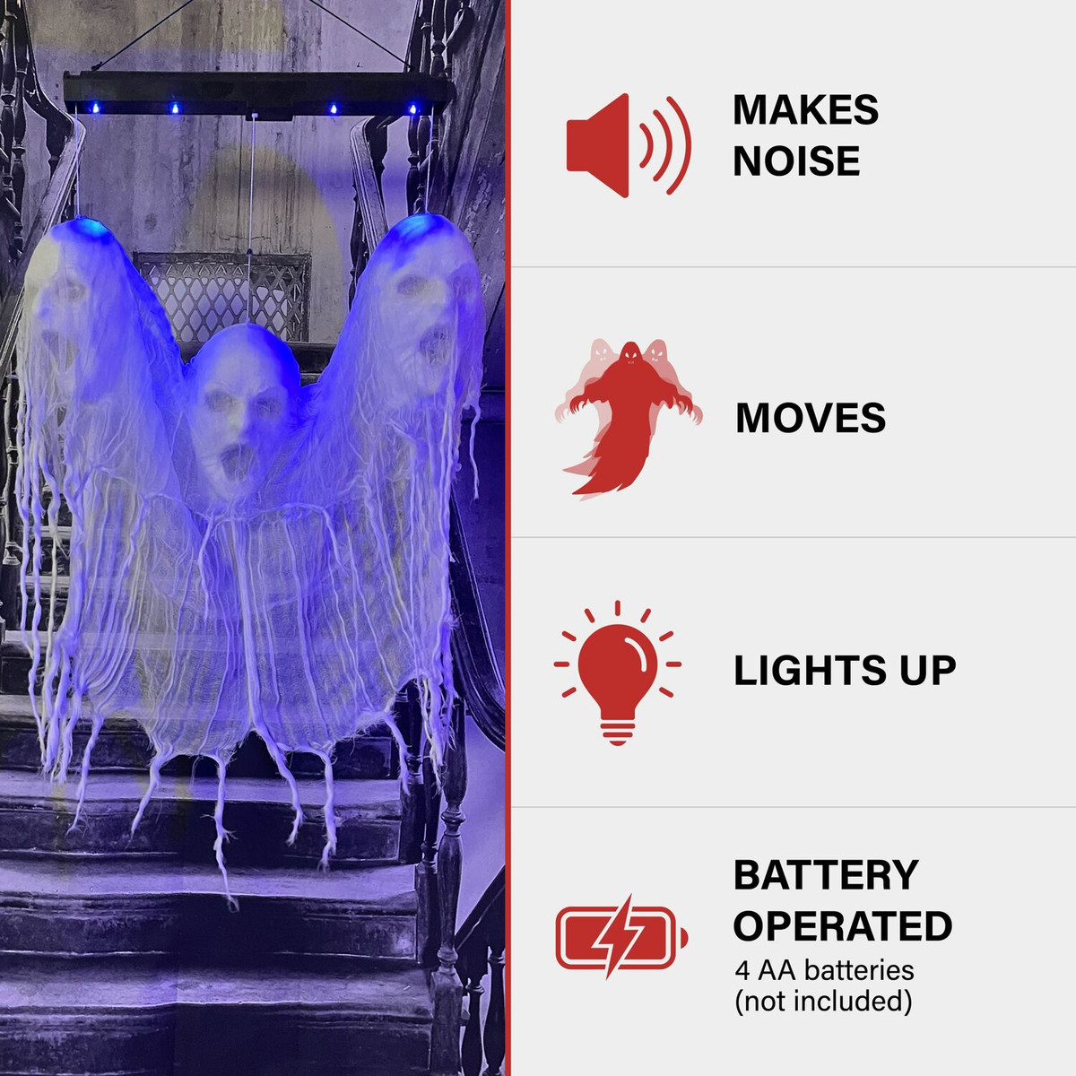 Haunted Hill Farm Animatronic Floating Ghost Heads of Halloween Forgotten, Current, and Hereafter with Blue Glowing Lights for Scary Decoration