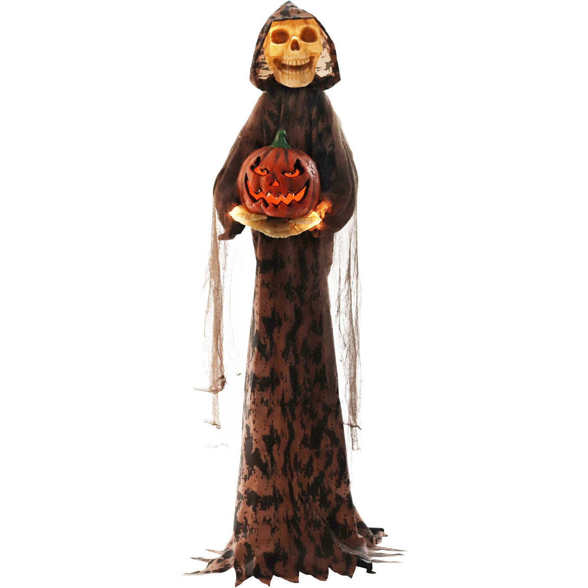 Haunted Hill Farm Forrest Stump the Skeleton Greeter with Light-Up Pumpkin and 8 Lighting Effects with Timer for Scary Halloween Decoration