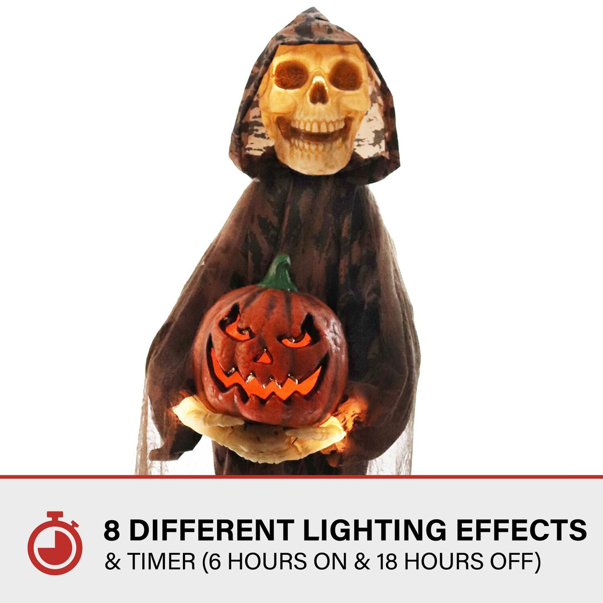 Haunted Hill Farm Forrest Stump the Skeleton Greeter with Light-Up Pumpkin and 8 Lighting Effects with Timer for Scary Halloween Decoration