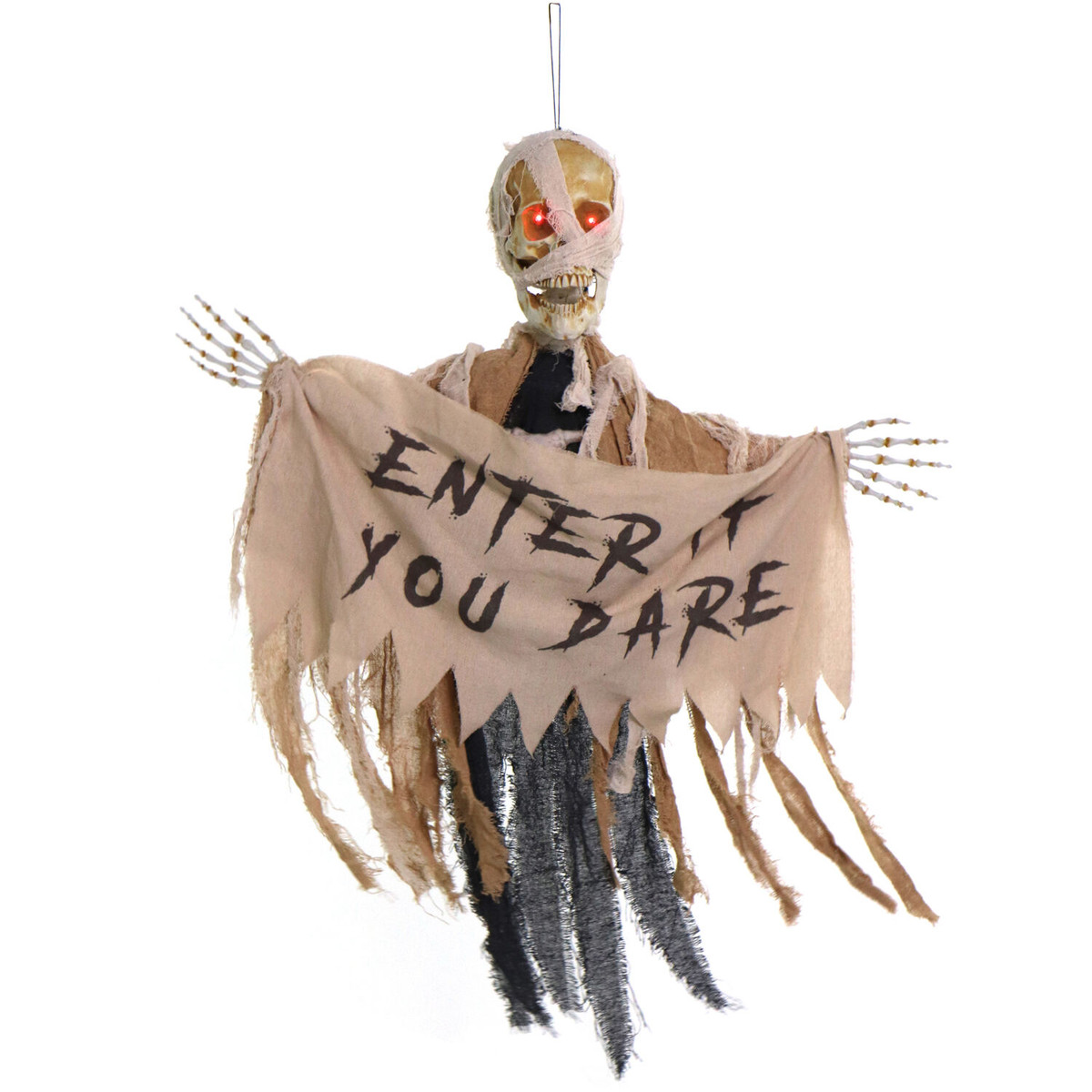 Haunted Hill Farm Danger McRibsey the Animatronic Skeleton Mummy Greeter with Banner and Folding Door Hook for Scary Halloween Decoration