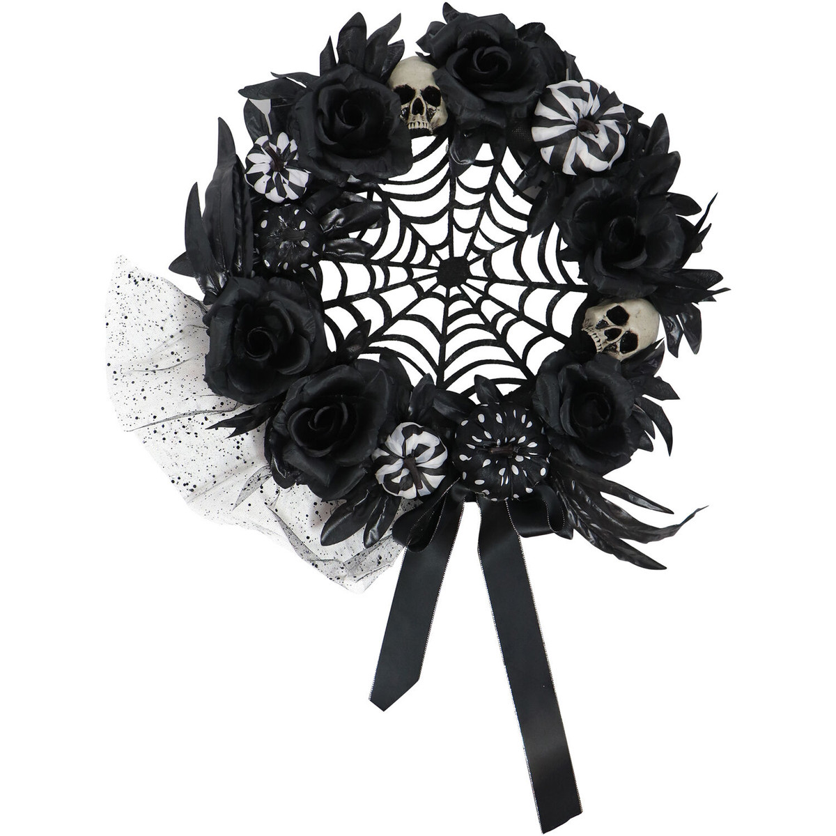 Haunted Hill Farm 15-In. Halloween Black and White Floral Wreath with Pumpkins, Skulls, and Spiderweb for Haunted House Hanging Decoration