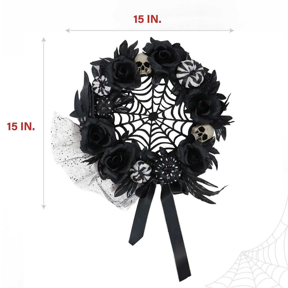 Haunted Hill Farm 15-In. Halloween Black and White Floral Wreath with Pumpkins, Skulls, and Spiderweb for Haunted House Hanging Decoration