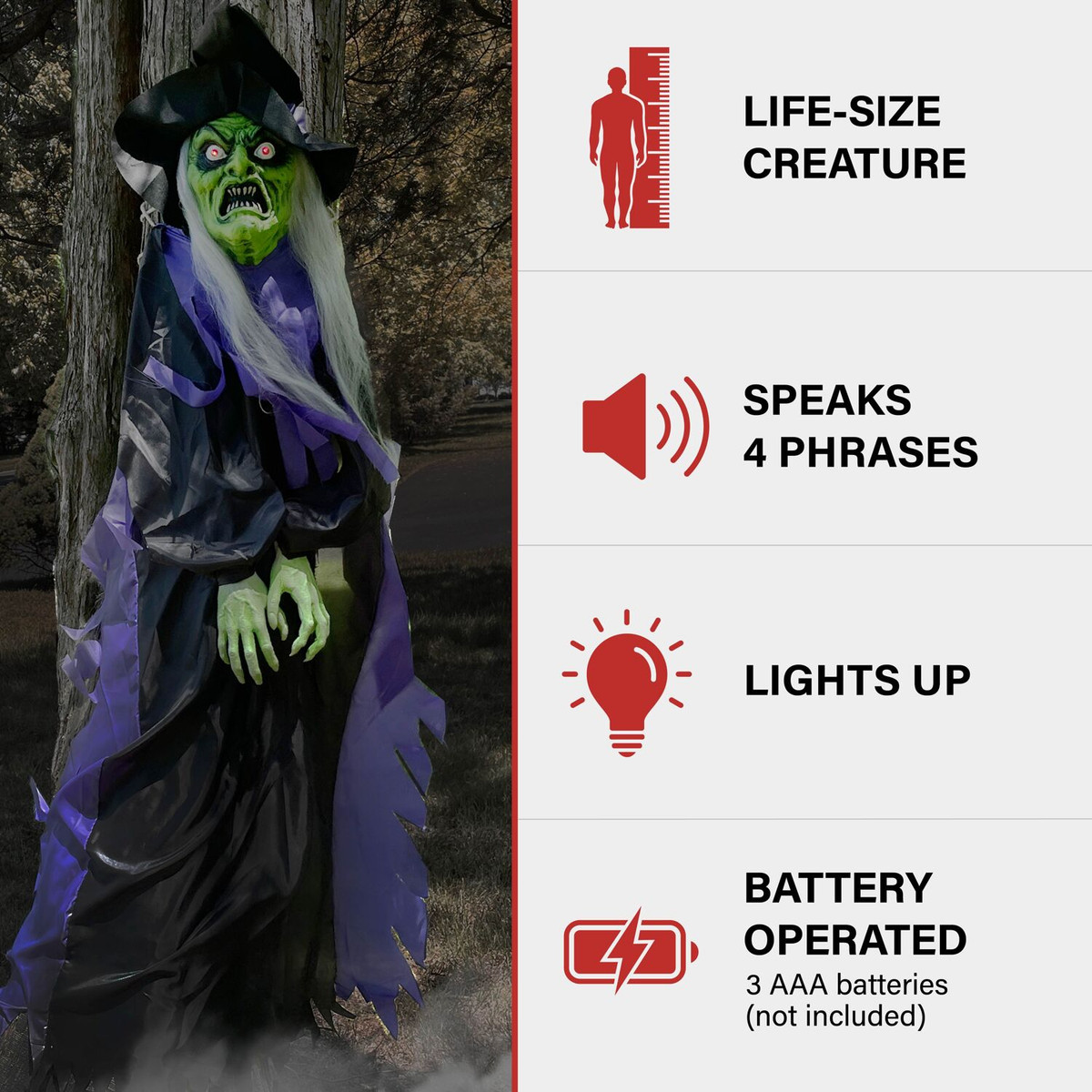 Haunted Hill Farm Cleo the Talking Witch Tree Hugger with Light-Up Eyes for Scary Outdoor Halloween Decoration