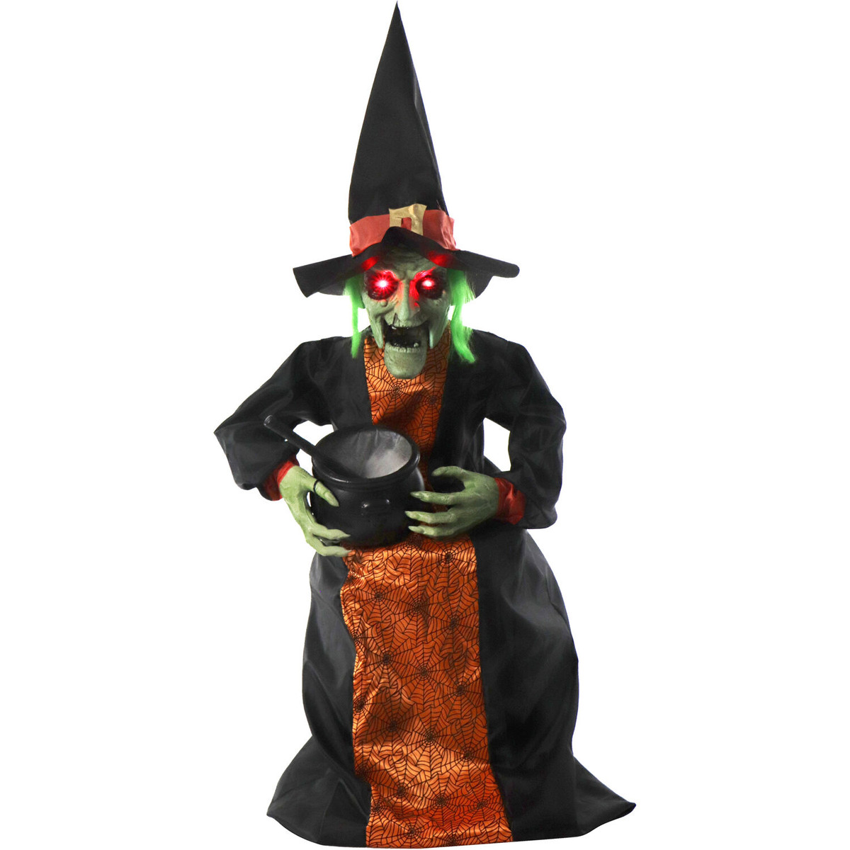 Haunted Hill Farm Polly Potions the Animatronic Sitting Talking Witch with Moving Mouth and Light-Up Mini Cauldron for Halloween Decoration