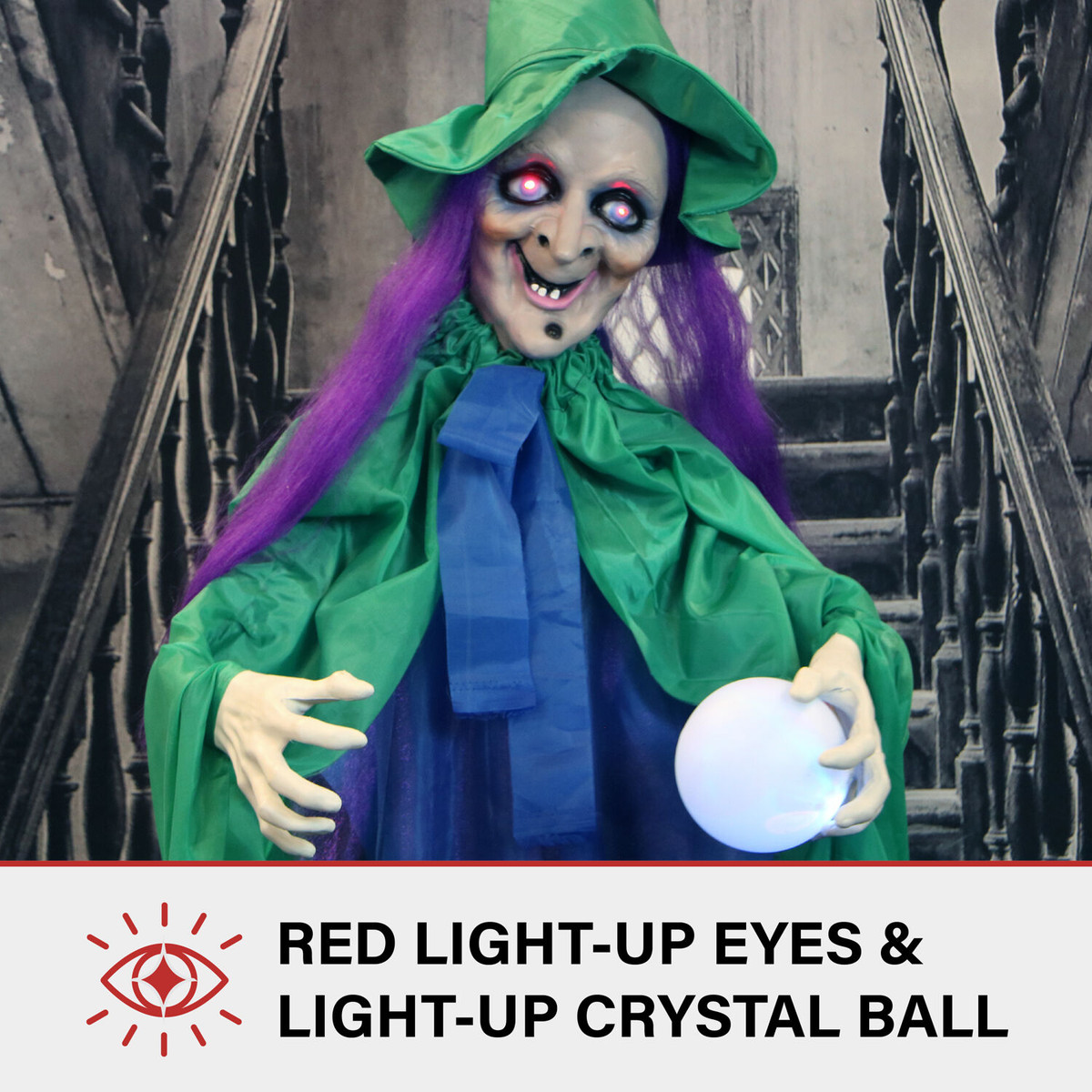 Haunted Hill Farm Vadoma the Animatronic Talking Fortune Teller Witch with Movement and Light-Up Crystal Ball for Scary Halloween Decoration