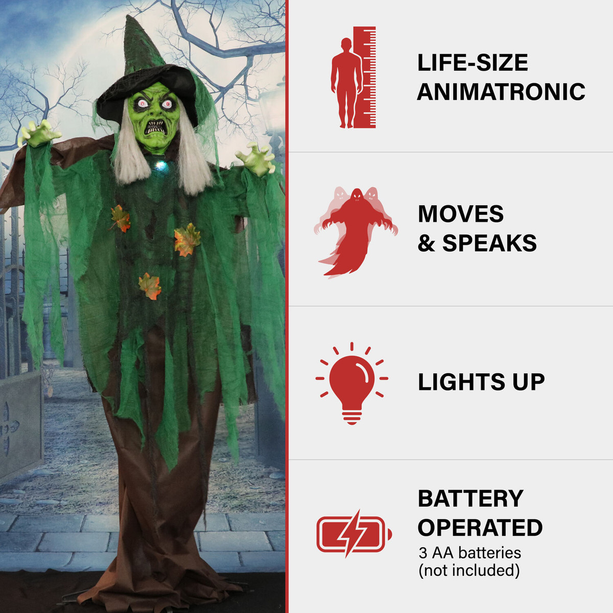 Haunted Hill Farm Animatronic Talking Forest Witch with Movement and Lights for Scary Halloween Decoration, HHWITCH-44FLSA
