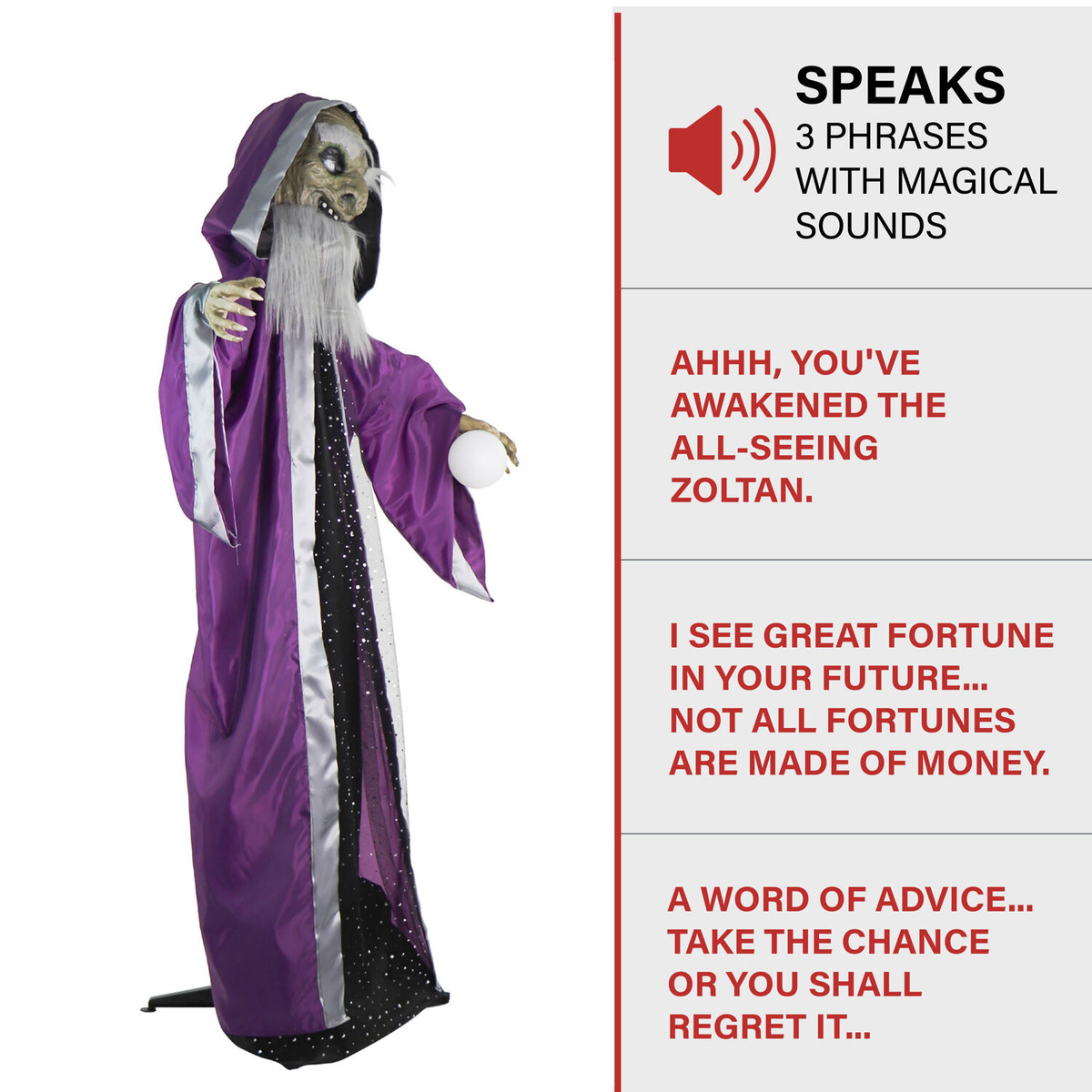 Haunted Hill Farm The Great Zoltan Animatronic Talking Wizard with Movement and Light-Up Crystal Ball for Scary Halloween Decoration