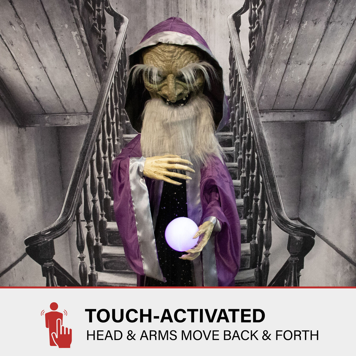 Haunted Hill Farm The Great Zoltan Animatronic Talking Wizard with Movement and Light-Up Crystal Ball for Scary Halloween Decoration