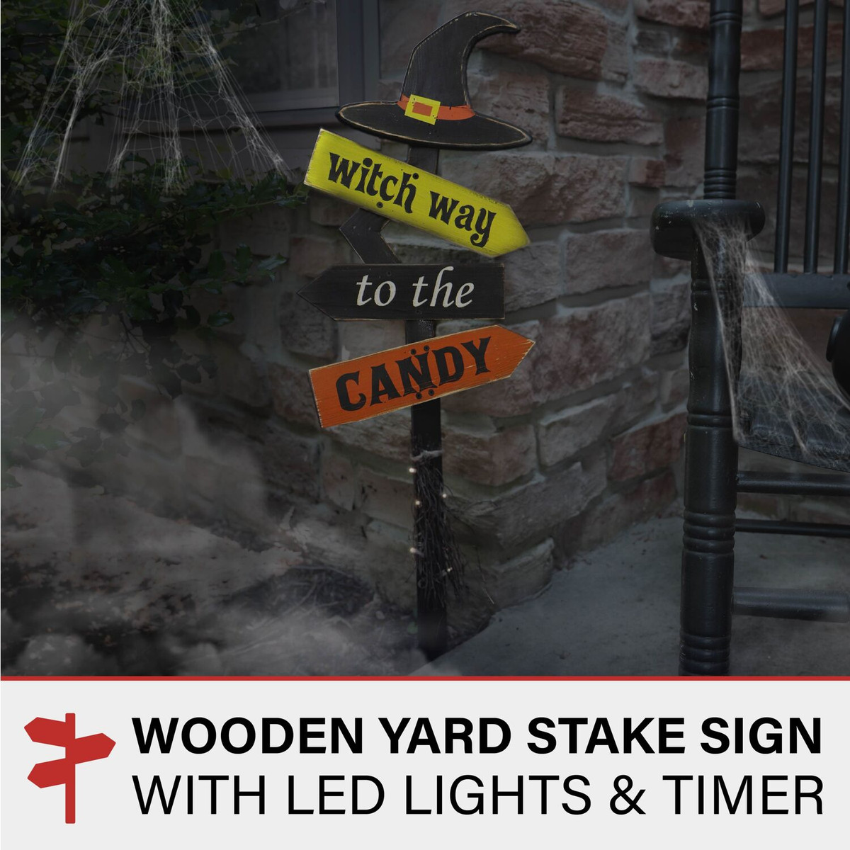 Haunted Hill Farm 32-In. Witch Way to the Candy Battery-Operated Wood Yard Stake with Lights and Timer for Halloween Decoration