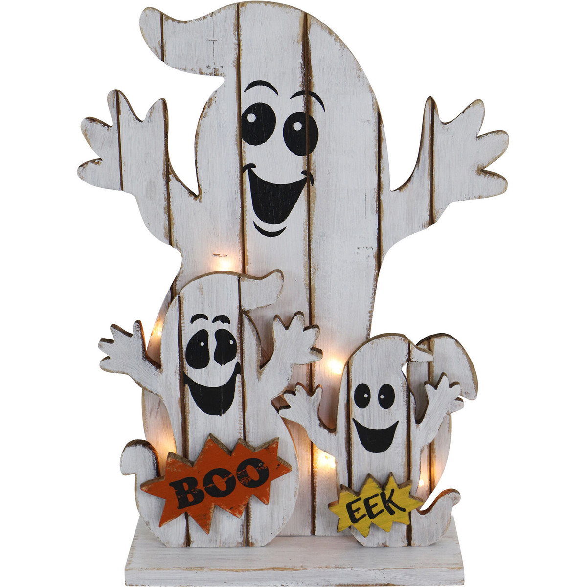 Haunted Hill Farm 16-In. Ghost Family Battery-Operated Wooden Centerpiece with Lights and Timer for Halloween Tabletop Decoration
