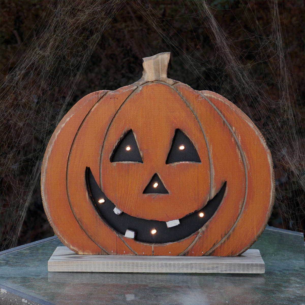 Haunted Hill Farm 13-In. Short Pumpkin Battery-Operated Wooden Centerpiece with Lights and Timer for Halloween Tabletop Decoration
