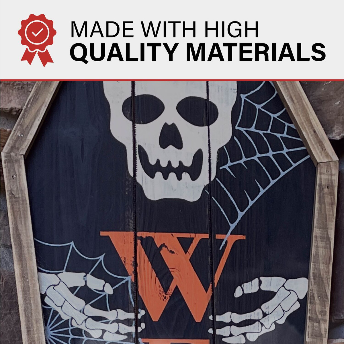Haunted Hill Farm 33-In. Wood Coffin Welcome Sign with Folding Storage Hinges for Halloween Hanging Decoration