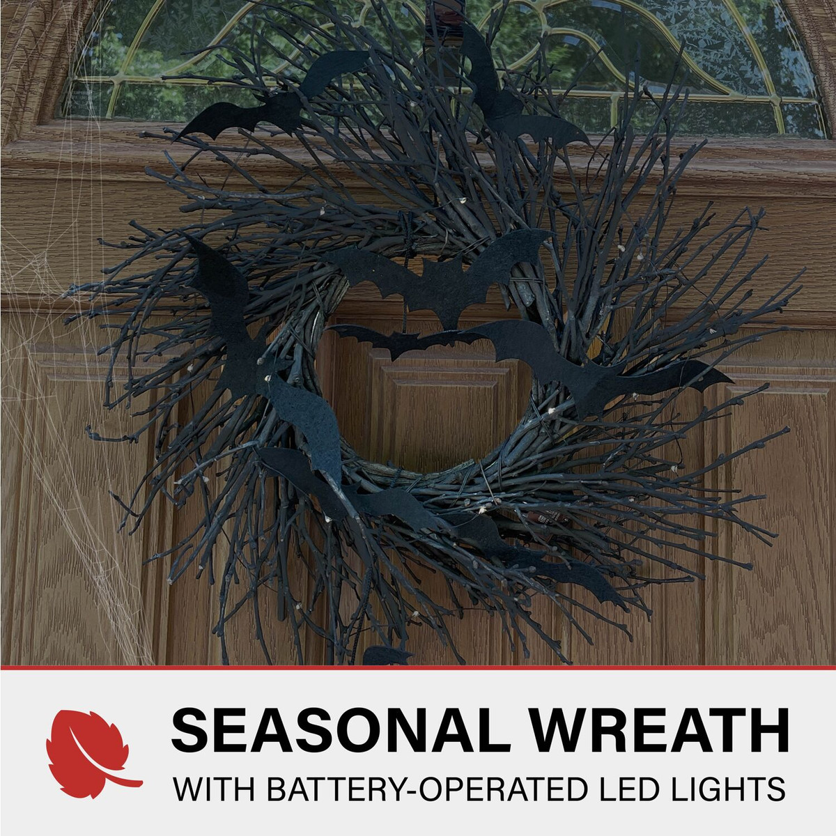 Haunted Hill Farm 15-In. Black Twig Battery-Operated Wreath with LED Lights and Flying Bats for Halloween Door or Wall Decoration