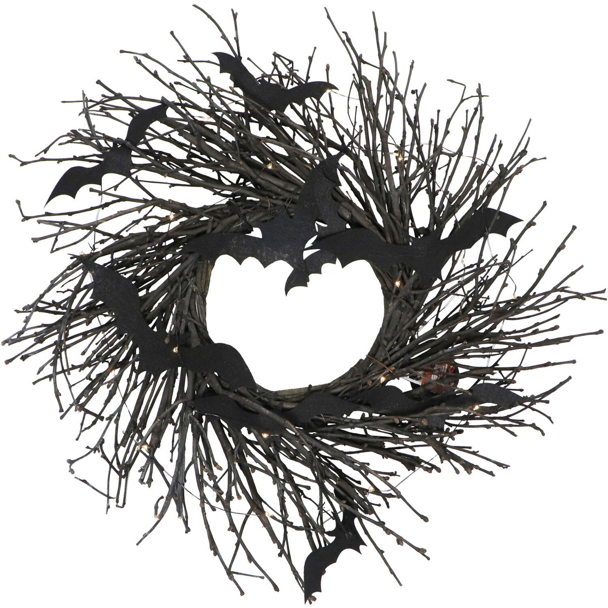 Haunted Hill Farm 15-In. Black Twig Battery-Operated Wreath with LED Lights and Flying Bats for Halloween Door or Wall Decoration