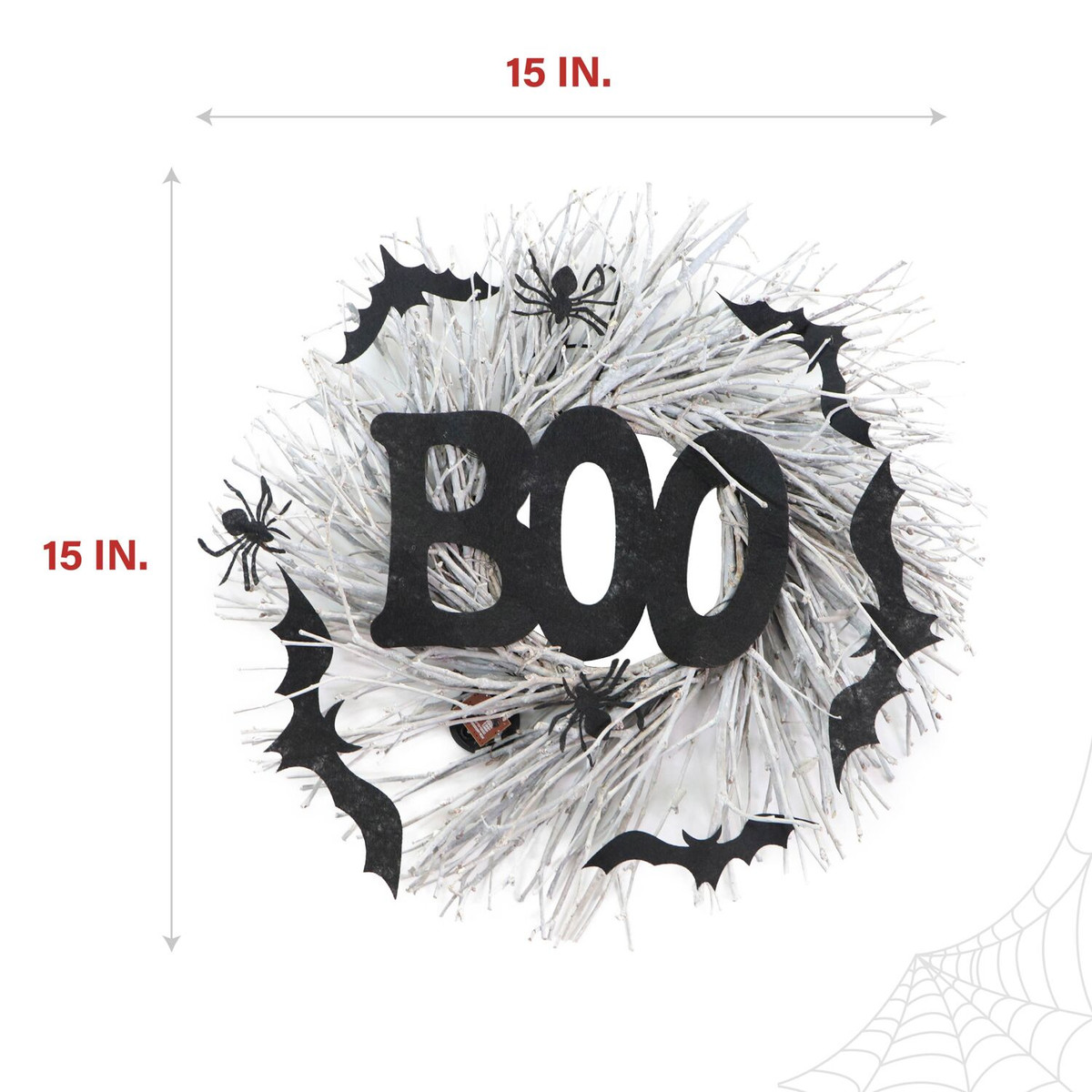 Haunted Hill Farm 15-In. White Twig Battery-Operated Wreath with LED Lights, Boo Sign, Bats, and Spiders for Halloween Door or Wall Decoration